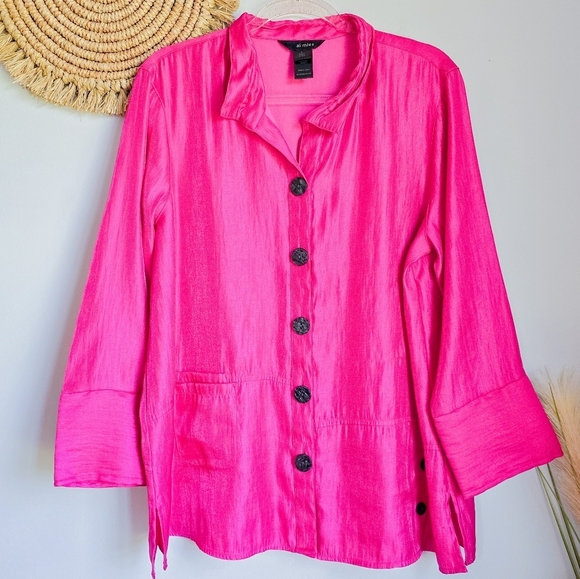 Ali Miles, Pink Woven Shimmer Stand Collar Button Front Pocket Tunic SZ Large - Picture 2 of 13